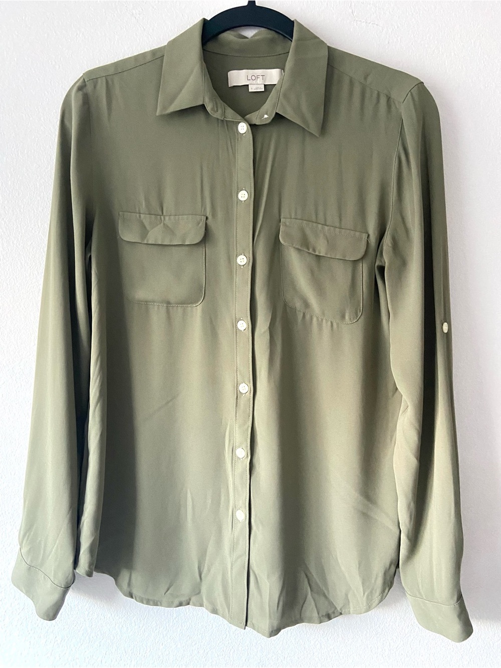 LOFT Olive Green Utility Button Down Blouse Shirt Size S
